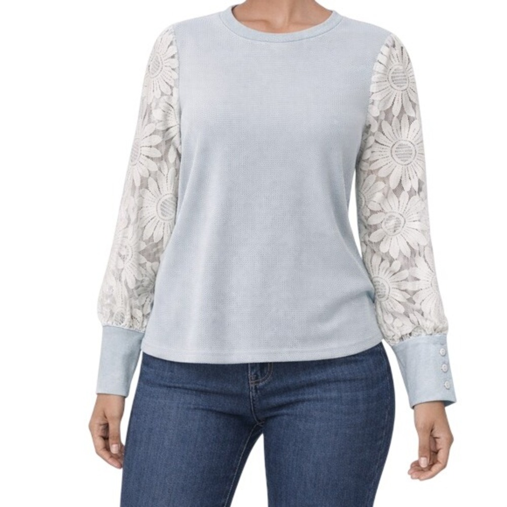 Waffle Knit Lace Sleeve Top Light Blue Floral Sunflower Crochet Button Cuff M‎